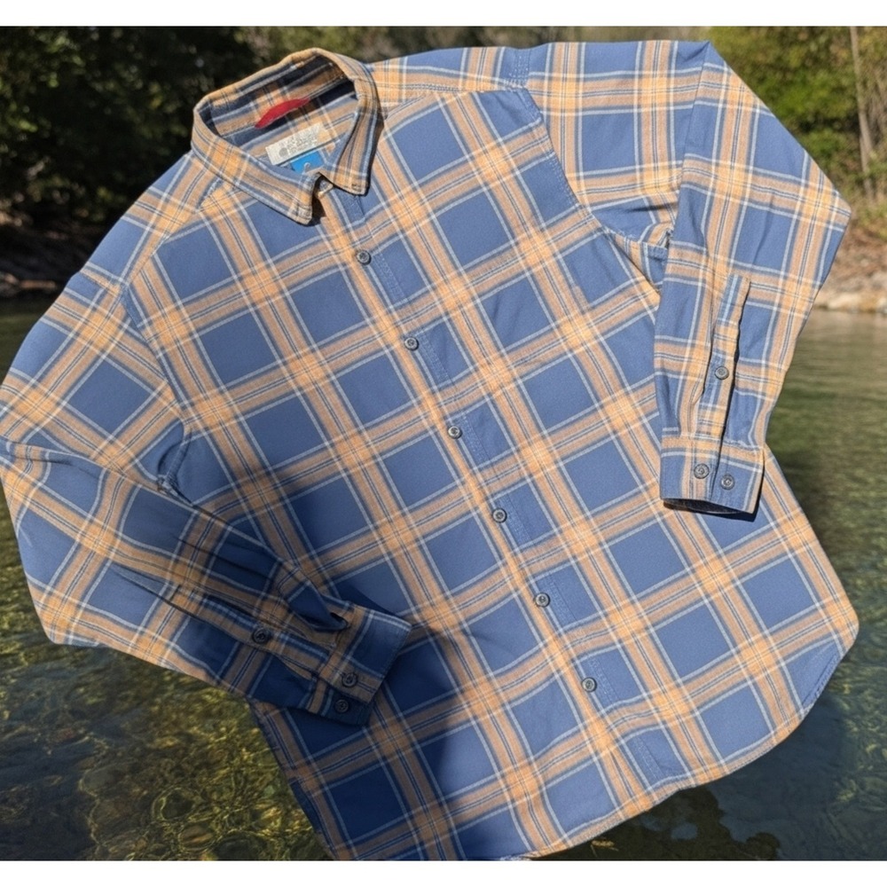 Vintage Columbia Men's Blue Yellow Plaid Flannel Shirt Button-Up Long Sleeve